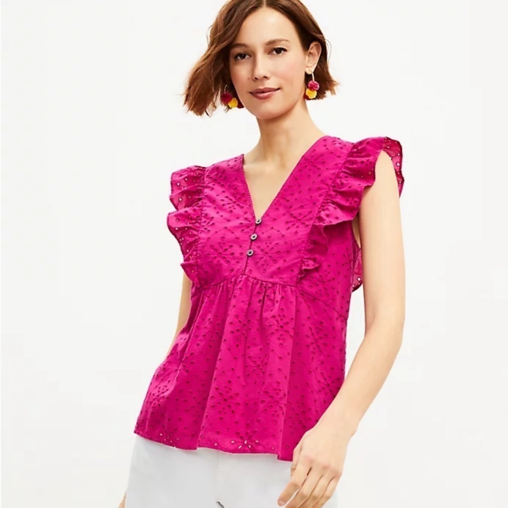 LOFT Starry Eyelet Ruffle Peplum Top in Fuchsia Sunset Medium